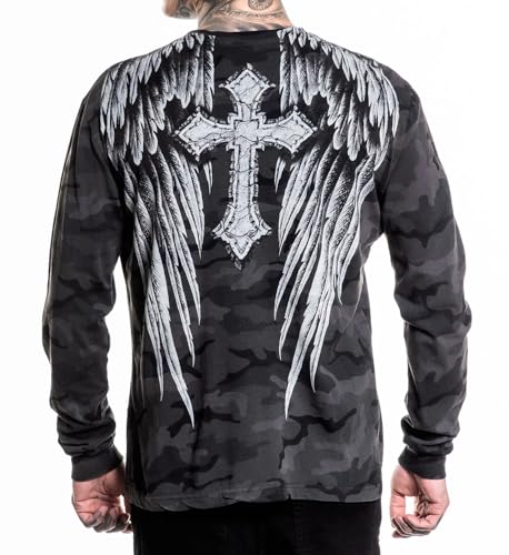Affliction Men's Long Sleeve T-Shirt, Skull Wing Design, Graphic Print2