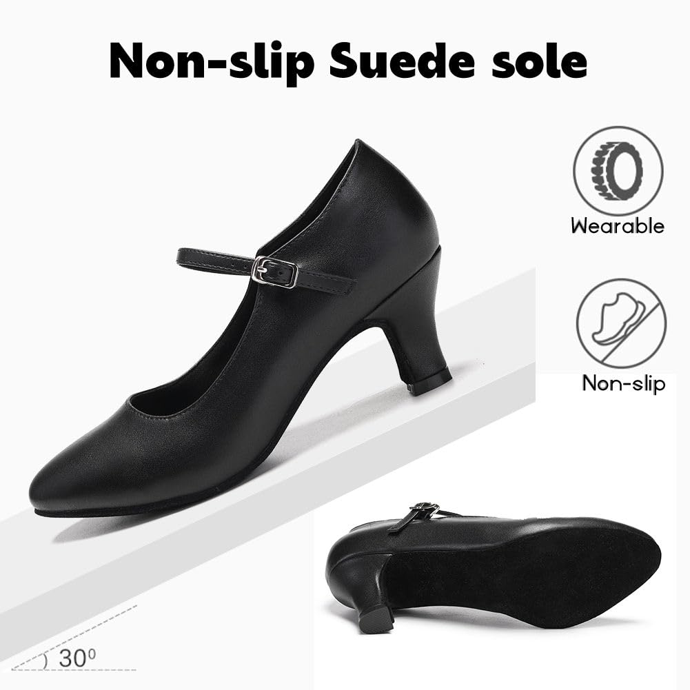 JUODVMP Tanzschuhe Damen Schwarz Leder Charakter Schuhe Rumba Latein Ballroom Tanzschuhe 6CM Absatz