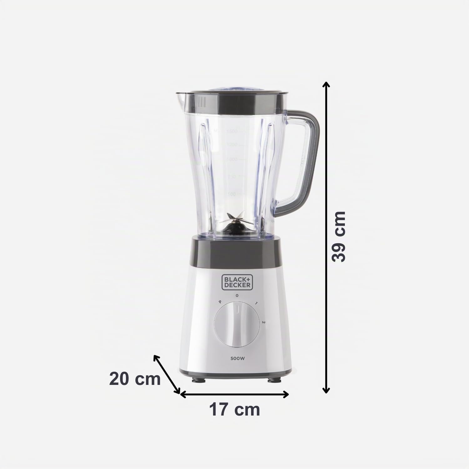 BLACK+DECKER BXJB500E - Blender mixeur 500W, bol en plastique 1.5L, 2 vitesses + Pulse, 4 lames en acier inoxydable, blanc et gris