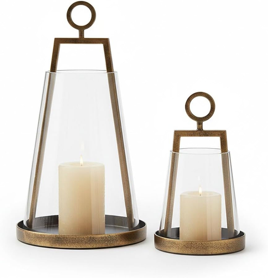 Set of 2 Hurricane Candle Holders, Metal & Glass Decorative Lanterns, Handcrafted Pillar Candle Stands (11.5" & 7" H) Windproof Lanterns for Indoor Outdoor Home Decor, Patio, Wedding (Bronze)