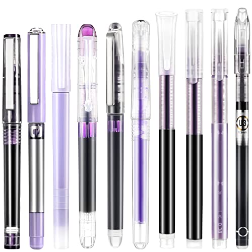 10 Pieces Ink Pen Set Retractable Metallic Refill Marker Pens Quick Drying Gel Ink Pens for Offices Schools Stationery Supplies Children Students (Purple Ink, Classic Style)