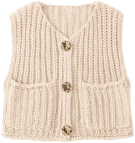 Image of UEU Womens Chunky Sweater Vest Button Down Sleeveless Cardigan V Neck Crop Crochet Knit Tops 2025 Fashion Trendy Clothes