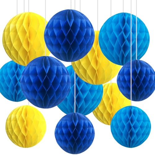 CC wonderland zone Lot de 12 Boules en Papier nid d'abeille Bleu et Jaune,Honeycomb Balls,Papier Pompom pour Décoration de Fête