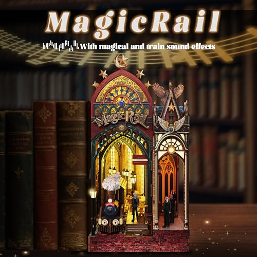 Image of Book Nook Kit - DIY Miniature House Shelf Insert with LED Lights & Music, Retro Train Station 3D Wooden Puzzle for Adults, Bookshelf Decor Gift for Home Office Desk (Magic Train Station)