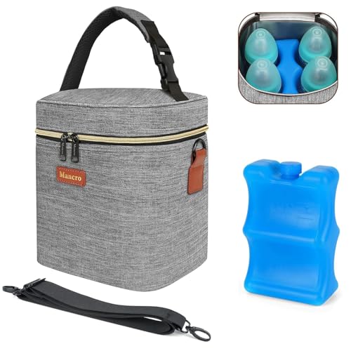Image of Mancro Insulated Breastmilk Cooler Bag Fits 4 Baby Bottles Up to 9 Ounce，Compact Baby Bottle Travel Bag with Ice Pack for Nursing Mom, Grey