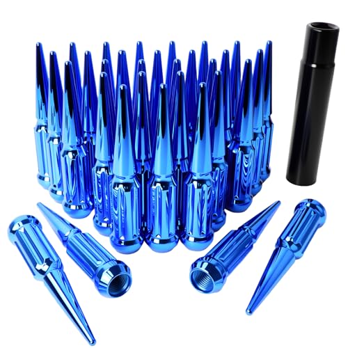9/16-18 Spiked Lug Nuts, 3/4" Hex Closed End Nut with 1 Socket Key, Wheel Spiked Lug Nuts for Dodge Ram 1500 2500 3500, Ford F250 F350, Fit for Aftermarket Wheel (32Pcs,Blue)
