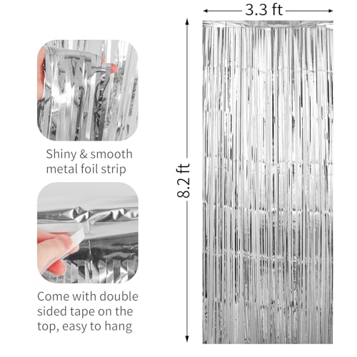 Image of 2 Pack Silver Foil Fringe Curtains Streamers Party Decorations 3.3 x 8.2 ft, Tinsel Curtain Fringe Backdrop for Parties, Silver Door Fringe Birthday Streamers, Photo Booth Backdrops, Party Decor