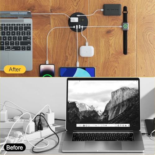 Kungfuking Desktop Power Grommet, Puerto de carga rápida 35W USB C, Multitoma empotrado para orificio de 3 pulgadas, 1 puerto de transferencia de datos, 2 tomas, 4 puertos USB, Multitoma para escritorio (Negro, cable de 1.8 metros) miniatura 5