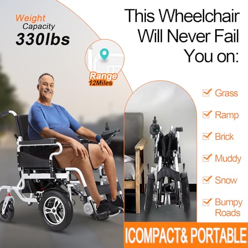 Silla de ruedas eléctrica todo terreno para personas mayores y adultos, diseño plegable ligero de largo alcance con rango de 15 millas, ideal para movilidad al aire libre