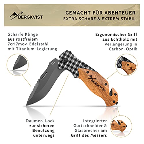 BERGKVIST® 3-in-1 pocket knife K20 two-handed knife can be carried, sharp folding knife, survival knife and outdoor knife with wooden handle incl. whetstone & belt bag - Image 3