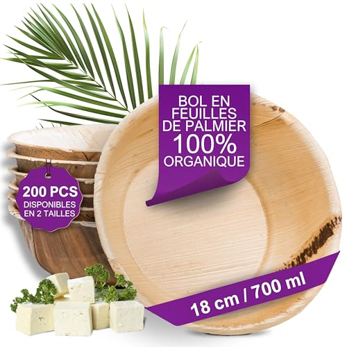 Waipur Bols en Feuilles de Palmier - 200 pcs. Grands de 18 cm / 700 ml - Vaisselle Jetable Naturelle et Élégante - Chic, Résistante et au Design Unique -...