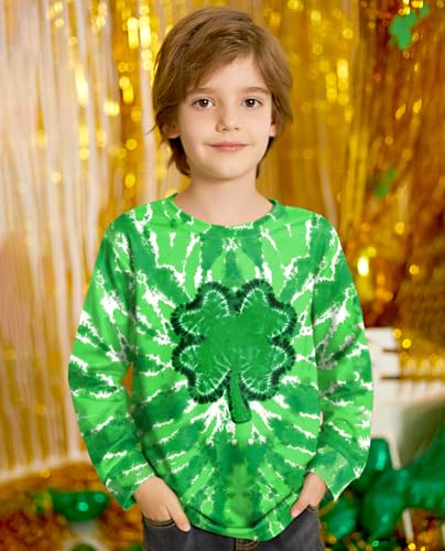 Image of Unisex Kids St. Patrick's Tie Dye Irish Clover Long Sleeve Shirt Shamrock Green Sweatshirt 6-14 Years