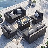 NICESOUL 29.3'' High Backrest Patio Furniture Set with Firepit Table Gas/Propane, Heavy Duty Deep Seating Outdoor Sectional Sofa Sets, 6 Seater Modern Luxury Extra Large Wicker Conversations, Gray