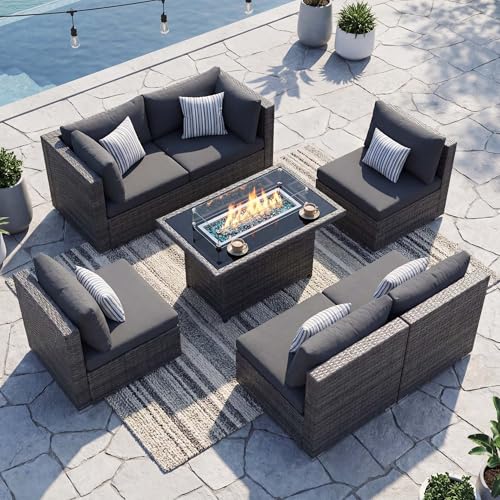 NICESOUL 29.3'' High Backrest Patio Furniture Set with Firepit Table Gas/Propane, Heavy Duty Deep Seating Outdoor Sectional Sofa Sets, 6 Seater Modern Luxury Extra Large Wicker Conversations, Gray