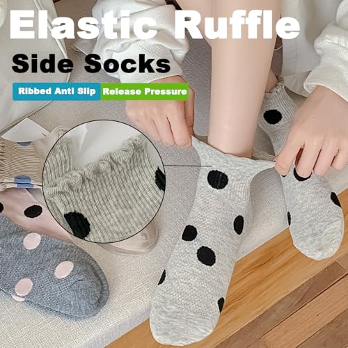 VIBCICY 5 Packs Ruffle Polka Dot Socks, Frilly Ankle Socks with Cartoon Dot Pattertn for Women, Breathable Knit Cotton2