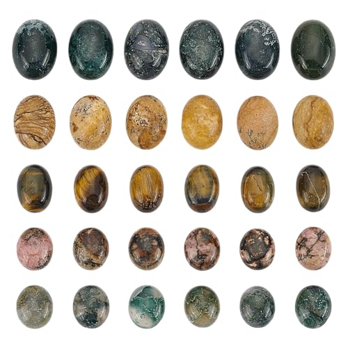 PH PandaHall 30 cabujones ovalados de piedra de 5 estilos, cabujones de piedras preciosas con parte trasera plana, cuentas de cristal semipreciosas para pulsera, collar, colgante, fabricación de joyas