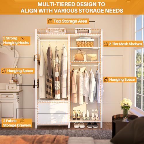 78.7\'\' Clothes Rack for Hanging Clothes - Reversible Clothing Rack with 2 Drawers, Heavy Duty Garment Racks with Shelves, 6 Tiers Freestanding Portable Closet Wardrobe System with Hanging Hooks, White