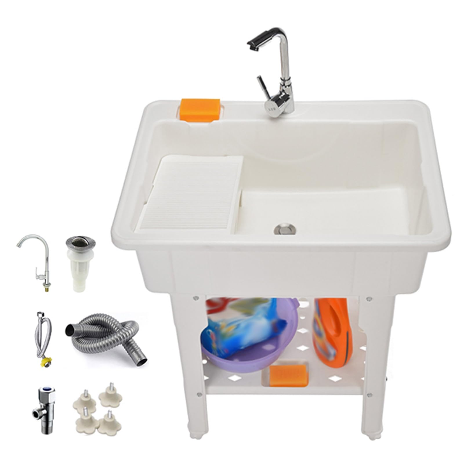 Lavatoio da Esterno in Resina con Asse da Bucato, Lavatoio Lavanderia Indipendenti con Rubinetto, Valvole e Tubo di Scarico, Portante 200 Kg, per Lavanderia, Cantina, Garage(White,80 * 56 * 80cm)