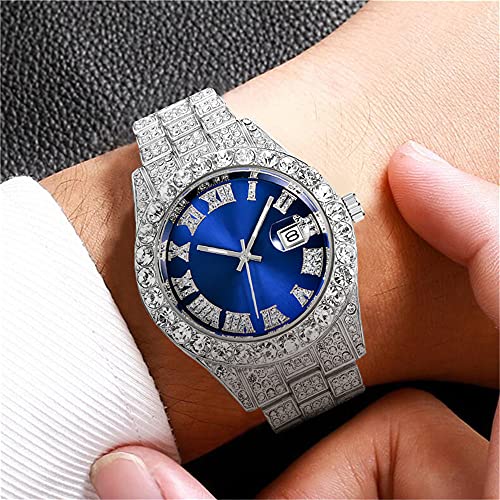 Men's Diamond Watch Fashion Crystal Rhinestone Quartz Analog Watch Iced-Out Bracelet Wrist Watch (Silver Blue) #TOP2