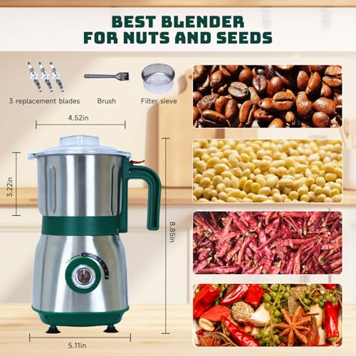 Image of Electric Spice and Nut Grinders - 3 Stainless Steel Blades, 1 Filter, 1 Brush - 500W Grinder for Kitchen, Dry Use (Green)