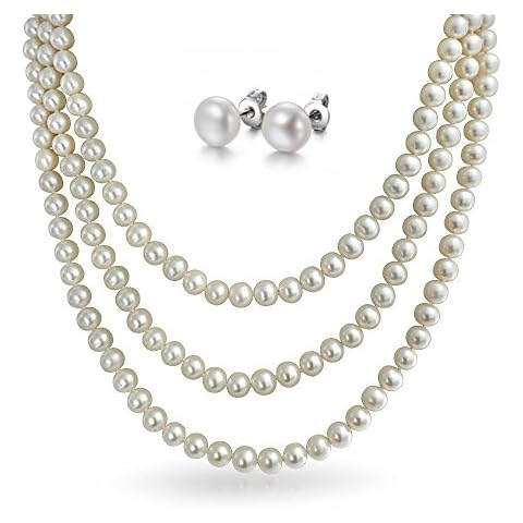 StunningBoutique Cultured Freshwater Pearl long Necklace 8-9mm 160 cm White Pearls Necklace & A Pairs of Earring Cover