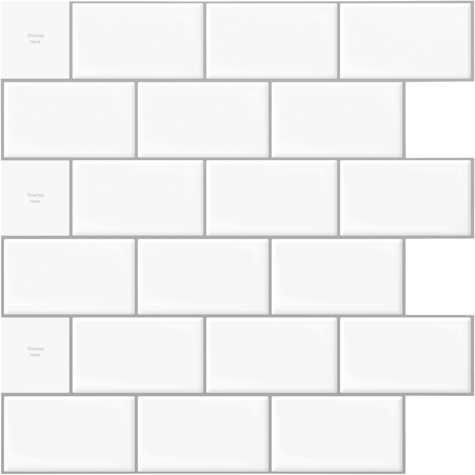 10-Sheet Peel and Stick Backsplash, 12 in. x 12 in. Subway 3D Wall Panels, Mono White with Gray Grout