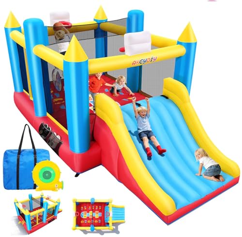 AKEYDIY Bounce House Double Slide, Large Bounce House for Big Kids 8-12/3-6, Inflatable Bouncer with Ball & Basketball Hoop,for 4-5 Kids (Bounce House with Slide)