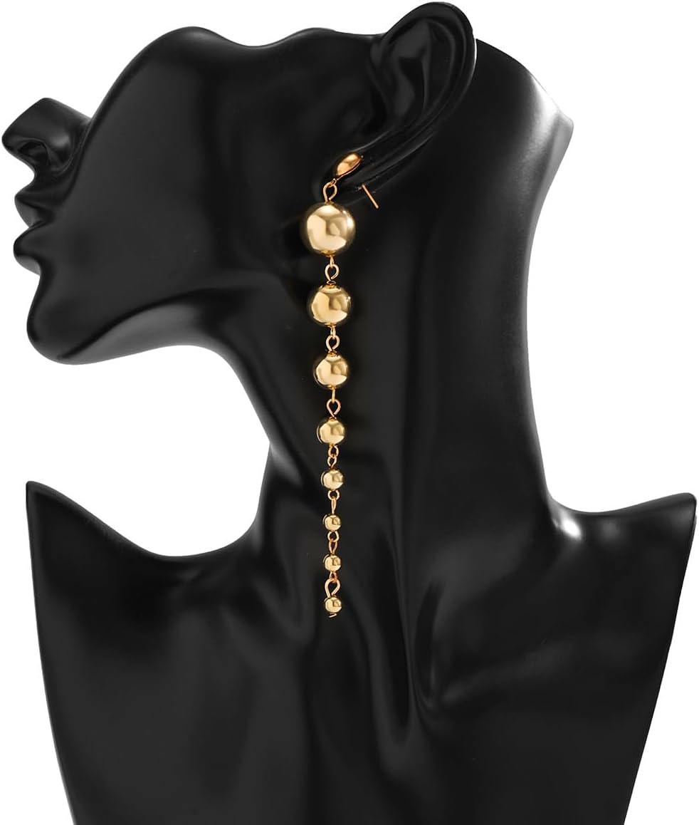 14K Gold Beaded Tassel Drop Earrings for Women,Trendy Long Ball Dangle Earrings for Party Prom,Metal Round Ball Earrings Jewlry Gifts - Image 3