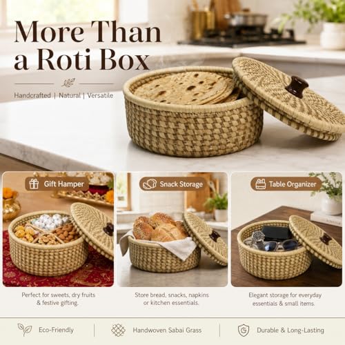 Image of Handcrafted Sabai Grass Roti Box with Lid | Eco-Friendly Chapati Storage Basket for Kitchen | Natural Insulated Roti /Chapati Box with Wooden Knob - Keeps Rotis Warm