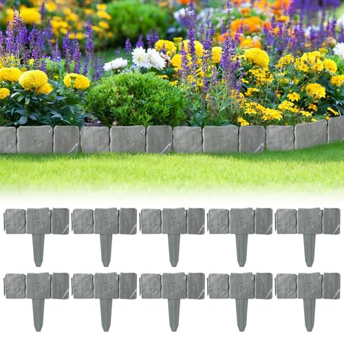 QIANAI 10 Pcs Borde de Jardín Efecto de Piedra, Bordillo Jardin Exterior, Bordura JardinExterior, Bordillo de Jardin para Delimitación, Garden Edging, Valla JardinExterior