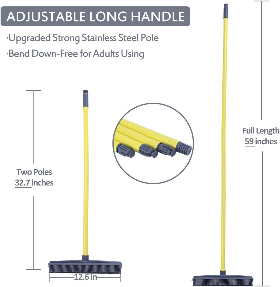 Push Broom - Soft Bristle 59'' Rubber Broom Carpet Sweeper with Squeegee Adjustable Long Handle, Removal Pet Human Hair