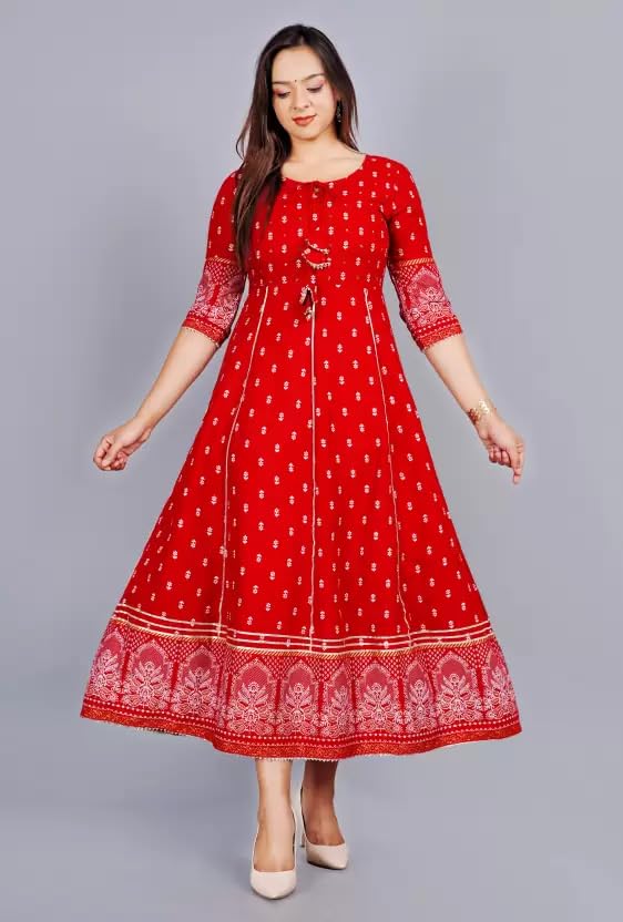 RF Clothes Women Printed Flower Viscose Rayon Anarkali Red Gown Only-picture-29