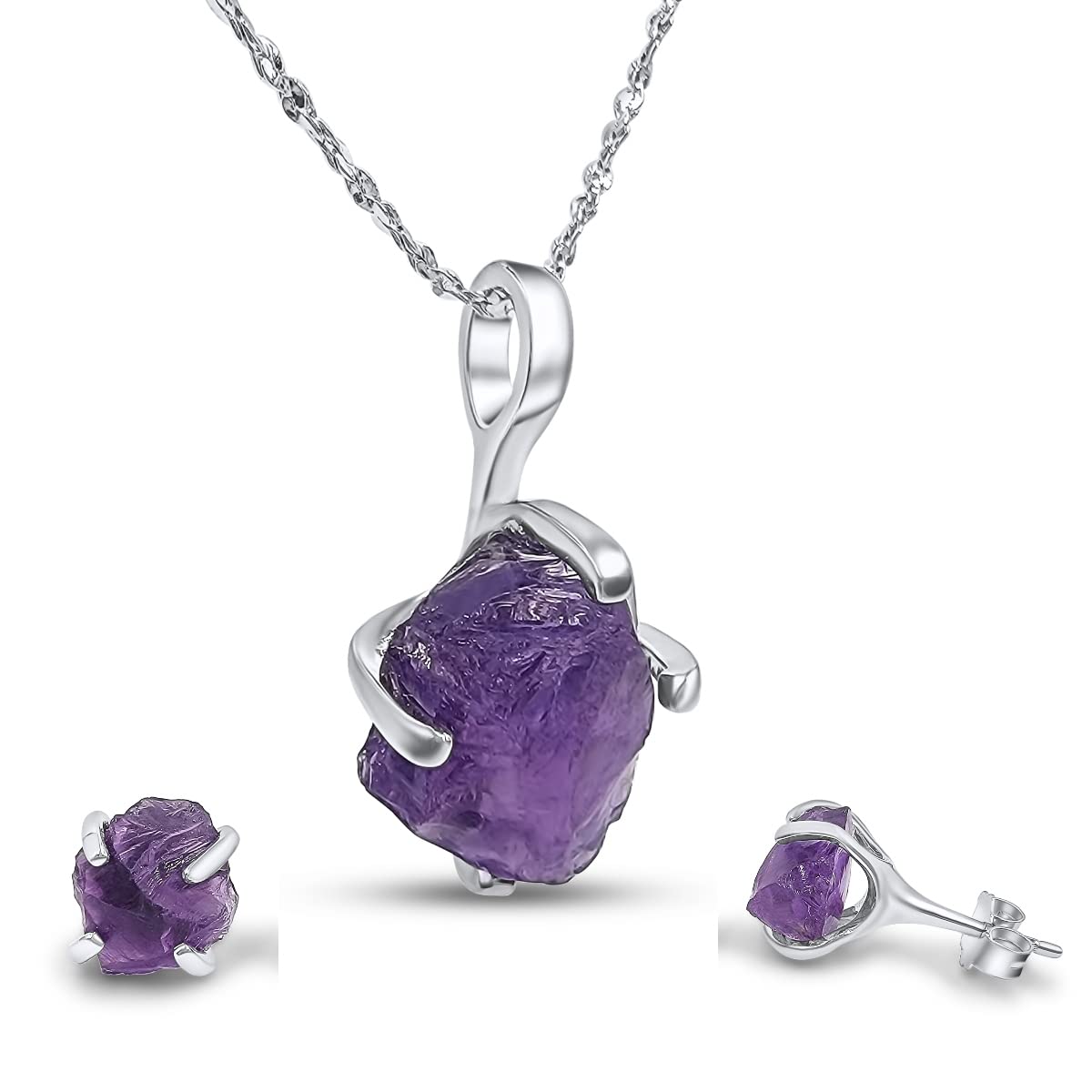 Real raw amethyst jewelry set with 925 sterling silver real gold plated February birthstone necklace and earring set gift for her by Uniquelan Jewelry (Amethyst, white-gold)
