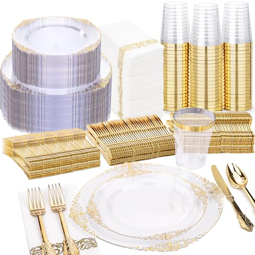 Nervure 350PCS Clear Gold Plastic Plates - Gold Plastic Dinnerware Sets for 50 Guests - 100 Disposable Plates 150 Silverware 50 Cups 50 Napkins for Wedding & Party