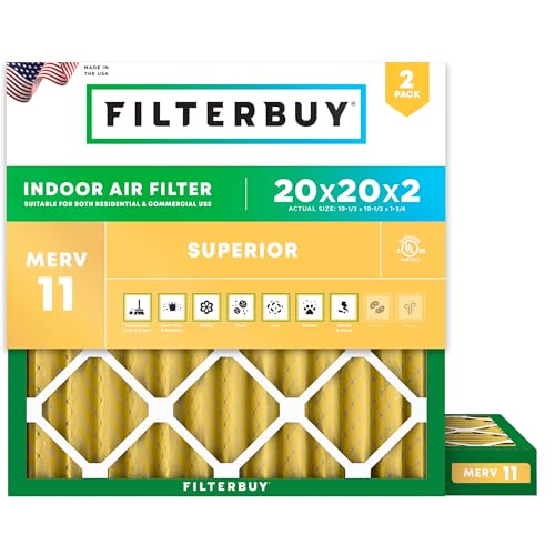 Filterbuy 20x20x2 Air Filter MERV 11 Superior Pet & Allergy Defense (2-Pack), Electrostatic Pleated HVAC AC Furnace Filters Replacement, Made in USA (Actual Size: 19.50 x 19.50 x 1.75)