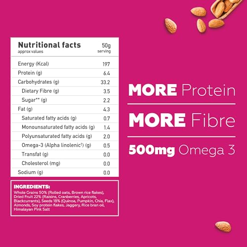 Image of Yogabar Muesli Fruit and Nuts - Wholegrain Breakfast Cereals with Oats and Dry Fruits, High in Omega 3, Gluten Free Granola with Chia and Flax Seeds (400g - Pack of 2)