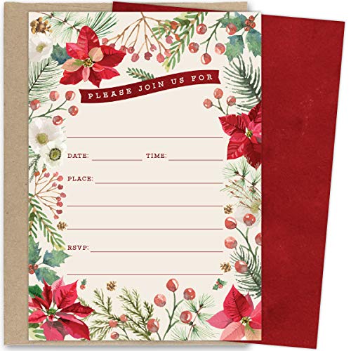 Koko Paper Co Christmas Invitations. Set of 25 Fill-in Invitations with Kraft Envelopes. Perfect for Holiday Parties, Dinners, Baby Showers or Other Events.