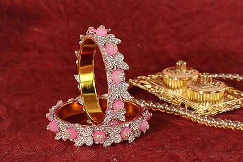 Image of LAVAZZA Stylish Butterfly Design Golden Metal with Zircon Diamond & Pearls Moti Bangles Kada For Women & Girls | Traditional Girl's Bangles Bracelet | Women's Kangan Wedding, Party-Set of 2