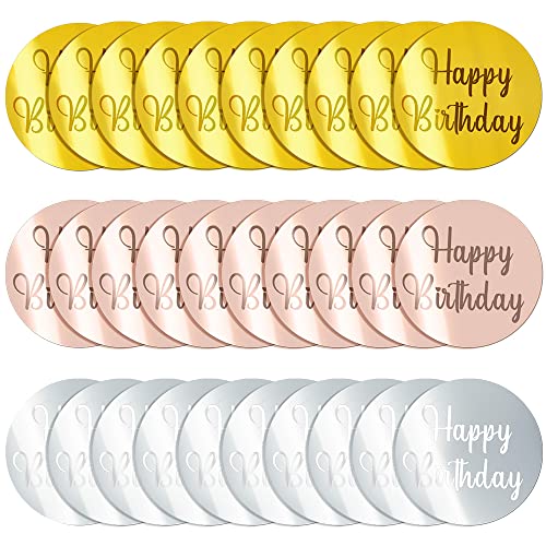 30Pcs Acrylic Cake Disc Mirror Cupcake Toppers, Happy Birthday Cake Toppers Mini Round Engraved Topper, Gold Diy Acrylic Cake Charm Silver Charms For Diy Cupcake Decoration Party Supplies #TOP2