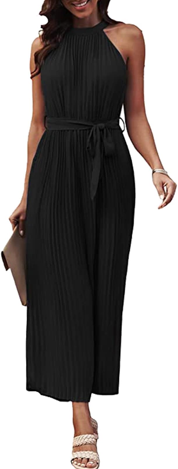 Happy SailedWomen's Jumpsuits Summer Sleeveless Halter Neck Wasit Belt Wide Leg Pants Romper Chiffon Jumpers Casual