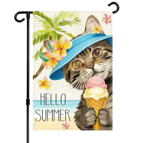 NebuIuxe Hello Summer Garden Flag, Cat with Ice Cream and