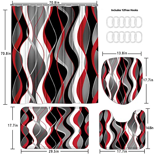 Nkzply 4 Pcs Red And Black Striped Shower Curtain Set With Rugs And Toilet Lid Cover Grey And White Bathroom Sets Red Modern Home Bathroom Décor #TOP4