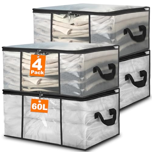 Withosent 4 Stück 60L Große Aufbewahrungstasche Schrank Organizer Set, Faltbar Kleideraufbewahrung mit Verstärkt Griff und Reißverschluss, für Kleidung, Bettwäsche, Bettdecken, Steppdecke