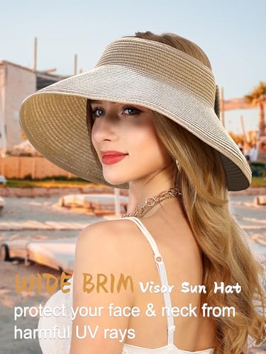 Womens Beach Straw Sun Hats Ponytail Hole Wide Brim Summer Visor Foldable Hat Sun Protection Packable for Travel Pool(One Size,Khaki) - image 2