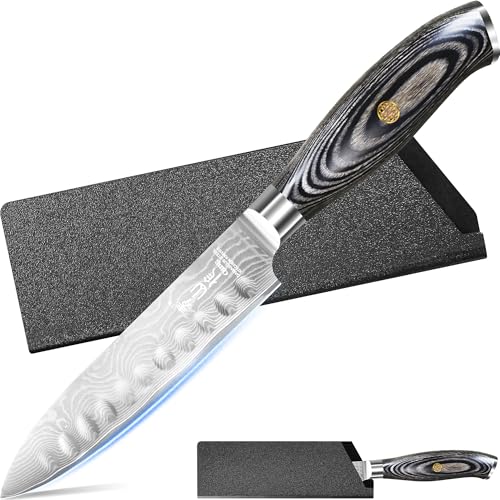 Image of XYJ 5 Inch Damascus Steel Japanese Chef Knife, Professional Kitchen Knife with Sharp Blade, Ergonomic Handle, Damascus Steel Santoku Knife for Kitchen Use
