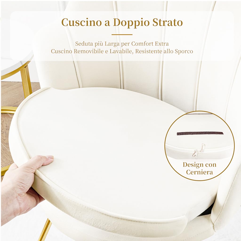 Hellove Sedia Trucco, Poltrona Conchiglia in Velluto con Placcato Oro Metallo Gambe, Moderno Poltrona Salotto con Seduta Morbida Imbottita per Camera da letto/Soggiorno/Vanità, Beige