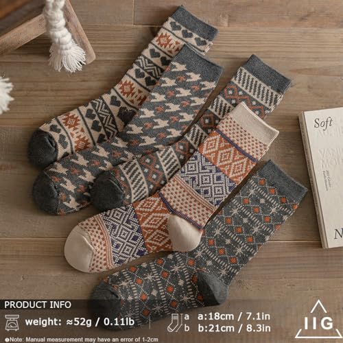 Image of IIG 3-5 Pairs Womens Vintage Cozy Crew Socks Soft Cute Neutral Cotton Socks Exquisite Patterns Socks Gift