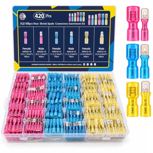 ZQZ 420PCS Heat Shrink Spade Connectors,Male Female Wire Terminal 22-10 AWG | Waterproof Heat Shrink Spade Connectors Quick Disconnect with 3:1 Adhesive Lined Tubing for Automotive, Marine & Electronics