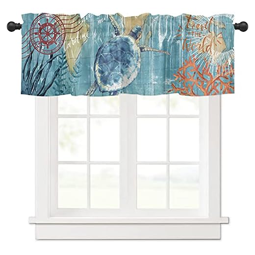 SODIKA Kitchen Curtain Valance for Kitchen and Bathroom Room Darkening Rod Pocket Window Treatment Valance,Nautical Theme Sea Turtle 1 Panel, 54 x 18 Inch