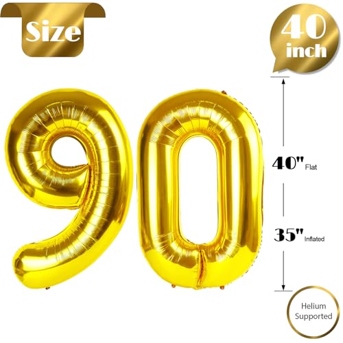 Image of Gold Number 90 Balloon 40 inch, 90 Number Balloons, 90th Gold Birthday Decorations, 90 Year Old Women Men Golden Party Supplies